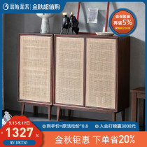 Original solid wood rattan shoe cabinet Nordic Oak black walnut porch cabinet simple locker F8091