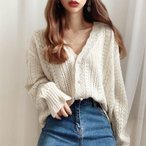 2022 Spring and autumn new Korean version Lazy Wind Blouse Fur Coat Jacket Woman V Collar Hollowed-out Loose Knit Cardiovert