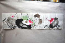 Meiqi Painting Institute Four Feet Open 1 4 * 0 35 m Flower birds pure hand-painted gallery Framed Goods Painting Ink Ho