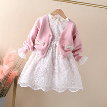 Girl Princess Dress 2022 Spring Dress New Pink Knit Cardioletto Suit Skirt Children Sweet lace dress