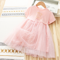 Girl Lian Dress Summer Short Sleeve Pure Cotton Foreign Air Cute Little Rabbit Baby Skirt 2022 New Starry Mesh Yarn Dress