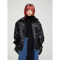 PeopleStyle loose profile lapel leather garment embroidery thick solid color gender-free jacket jacket jacket