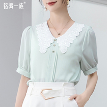 Minghong family half-sleeve womens summer thin chiffon top doll collar temperament age reduction belly cover short-sleeved shirt 2021