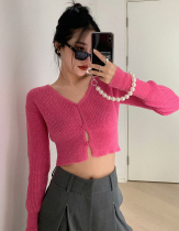 Left women's V-neck long sleeve cardigan short coat 2022 spring new candy color light knit shirt