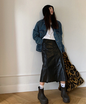 Left womens spring and autumn A- line dress high waist leather skirt 2021 early autumn new long dress Puskin skirt