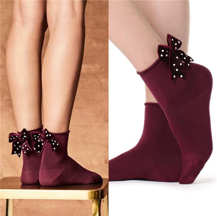 (In stock) Calzedonia red velvet wave point bow cotton fashion socks