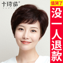 Wig female short hair middle-aged and elderly natural real hair silk full head set Mother short curly hair round face real hair cover