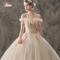 Wedding dress 202021 new one word shoulder bride big tail shake sound Princess Starry Sky luxury Forest dream Super fairy