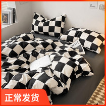 Retro Chessboard Plaid Spring Summer Four Pieces Cover Quilt Cover All Cotton Mill Wool Washed Cotton Bed Hat Students Linen Three Sets