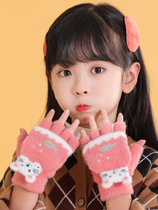 Childrens gloves winter warm half-finger flip cover dual-use baby cute children boys and girls five-finger knitted primary school students