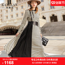 Caraman thousand bird grid stitching dress women 2021 autumn clothes New design sense niche waist thin Medium-length dress