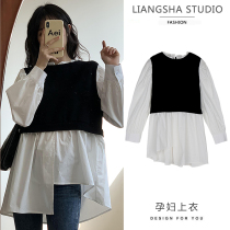 Pregnant womens clothing blouses womens spring and autumn slim fit 2022 out of the net red with long sleeves loose and fake two irregular shirt tide