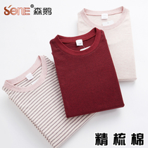 Sengeese Lady Pure Cotton Autumn Clothing Stripe Round Collar Loose Comfort Big Code Full Cotton Middle Aged Warm Underwear 28400