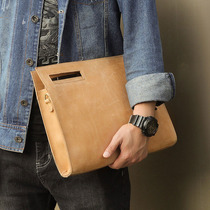 Retro personality mens bag Crazy horse leather shoulder bag multi-function clutch bag old cowhide briefcase casual ipad bag