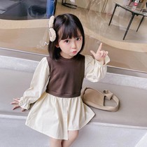 Girl dress 2021 autumn new baby girl fake two princess skirt spring and autumn childrens shirt dress autumn dress