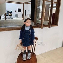 Childrens wear girl pocket denim strap dress 2021 autumn new fashion concave shape loose skirt tide