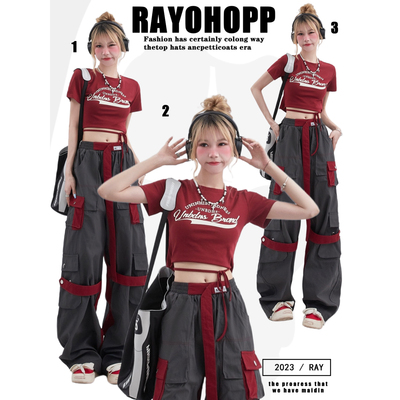 taobao agent Rayohopp worker trousers female summer dopamine wearing tide brand contrasting color multi -pocket design hot girl casual pants BF
