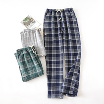 Japanese plaid pajamas mens spring and autumn cotton gauze trousers washed crepe thin loose home pants men kz