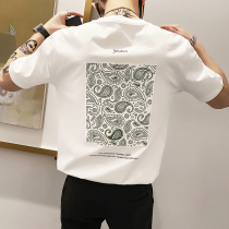 2021 summer mens short-sleeved youth all-match T-shirt Japanese loose cotton crew neck printed T-shirt half-sleeve top dx