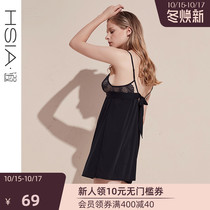HSIA ya sexy milk silk dress pajamas women bow deep V show back A shape spring and summer suspenders nightgown