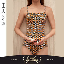 HSIA Xia Hot Spring Swimwear Ladies Printed Bikini Back Retro Small Chest Gathering Skinny One-Piece Swimsuit