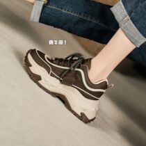 Foreign to no good ~ leather father shoes women 2021 autumn and winter 5CM New thick high sports casual shoes ins ins