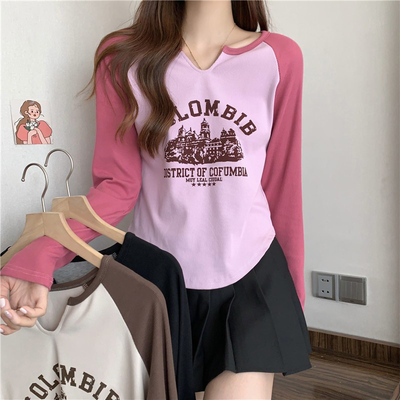 taobao agent Retro autumn T-shirt, top, plus size, American style, V-neckline, long sleeve, fitted