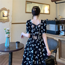 Large size womens clothing fat sister French retro square collar dress Female design sense niche bow chic skirt summer
