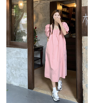 taobao agent Summer fuchsia dress, plus size, square neckline, fitted