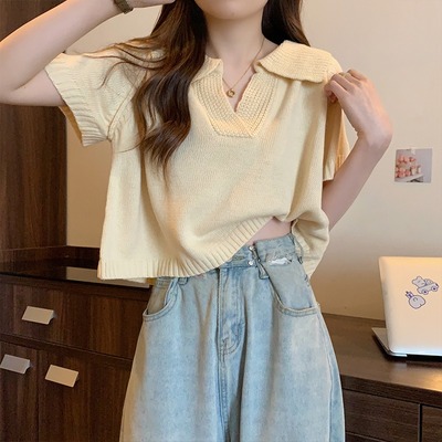 taobao agent Thin knitted summer sweater, short T-shirt, plus size, Korean style, polo collar