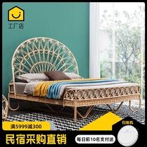 Retro designer rattan rattan bed Nordic B & B double bed 1 M 8 high-end custom real Vine furniture photo studio