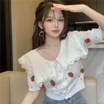 Lace edge doll collar short-sleeved knitted cardigan womens summer 2021 new slim design strawberry short top