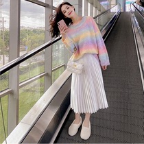 Lazy style retro Japanese sweater womens 2021 new autumn coat small man loose rainbow striped sweater