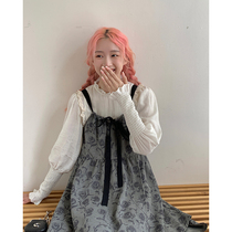 Canned Stotto Vintage Foreign Sweet Girl Grey Rose Dark Print Drawstring Suspender Dress Autumn