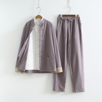 New Chinese style cotton linen sleeve two-piece meditation tea art house suit Chinese Buddhist linen Tang suit Chinese style flax Tang suit Han clothing