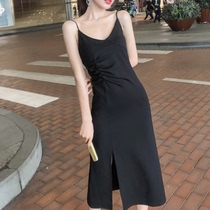  Sexy V-neck suspender dress female long 2021 spring and summer new thin temperament bottoming skirt with small black skirt