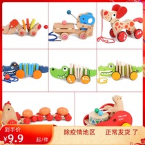 Infant childrens wooden drag toy hand-pull wire rope puppy walker boy and girl park baby 1-2-3 years old