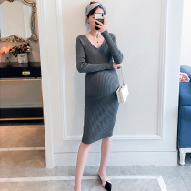Pregnant women autumn dress temperament V-neck knitted long skirt autumn and winter stretch slim bottom sweater maternity dress autumn