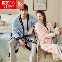 Red bean couple autumn and winter flannel robe plaid print red bean coral velvet home clothing pajamas