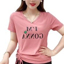 Letter v-neck drawstring short-sleeved t-shirt womens 2021 summer new Korean version of the fashion wild slim base shirt top