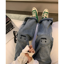 Light jeans women spring new straight loose American retro niche casual high waist wide leg pants tide ins