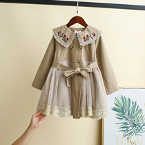 Han Edition Childrens Clothing Autumn Girl Pure Cotton Embroidered Flowers Flowers Medium Long Style Childrens Web Yarn Skirt Style Jacket Baby Blouse