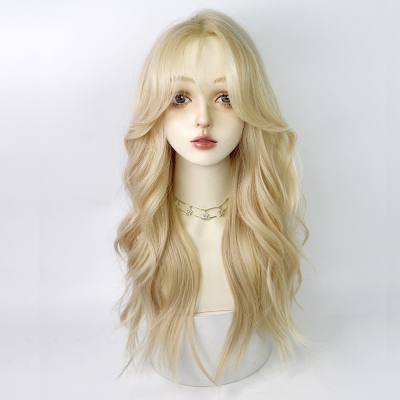 taobao agent Lace wig white golden character bangs big wavy long curly hair full set of women's hand hooks to divide the natural forehead