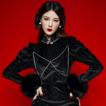 One two custom cheongsam black cool annual meeting long dress 2021 New Girl Versailles
