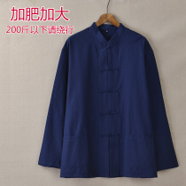 Increase the fat cotton coarse cloth Tang suit mens spring and autumn Chinese style long sleeve shirt Chinese style large size casual mens clothing