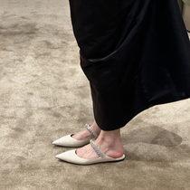 Sheepskin version ~ summer wear leather Baotou flat half slippers womens high-end sandals and slippers pointed toe French half-tray