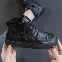 2021 new high-top all black womens shoes thick bottom cowhide casual board shoes leather wild female ugly cute little black shoes
