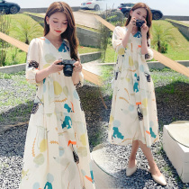 Angel Mommy~Maternity summer fashion small fresh printed V-neck over-the-knee dress Large size dress summer