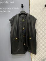 European goods Mrs. Chen with metal turnbuckle round neck sheep leather big horse clip female leather loose waistcoat fried street coat