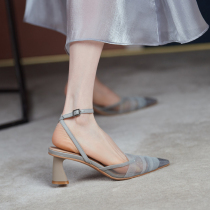 Givenivan sweet and temperamental ~ genuine leather mesh yarn sandal womens summer rear empty I have a high heel and a rough heel 6cm
